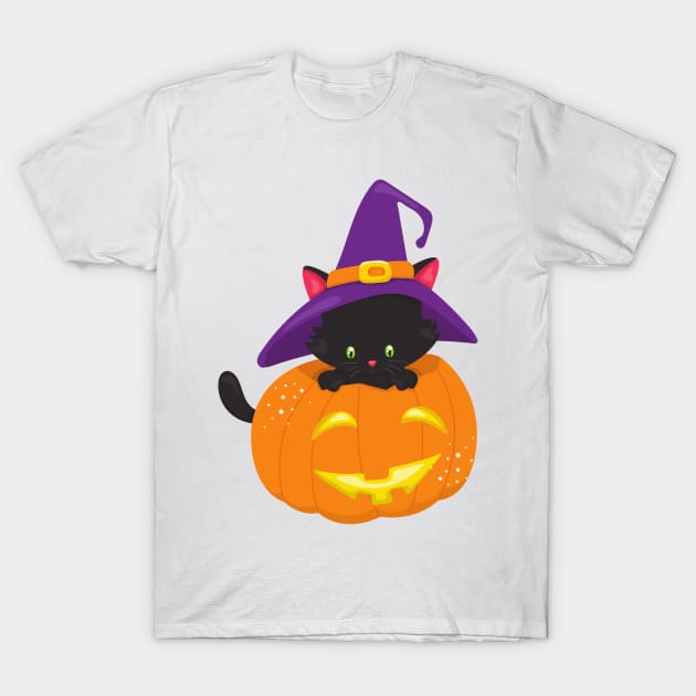 Halloween Cat, Black Cat, Witch Hat, Pumpkin T-Shirt by Jelena Dunčević